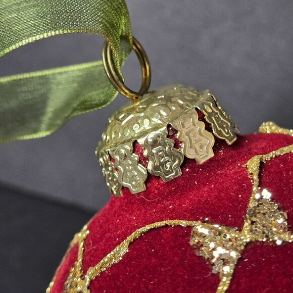Frontgate Red Velvet Christmas Ornament 4" Gold Glitter Diamond Pattern Elegant - Picture 5 of 7